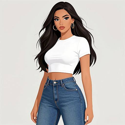 Digital illustration of a confident woman with long black hair, wearing a white crop top and high-waisted blue jeans, large hoop earrings, and a