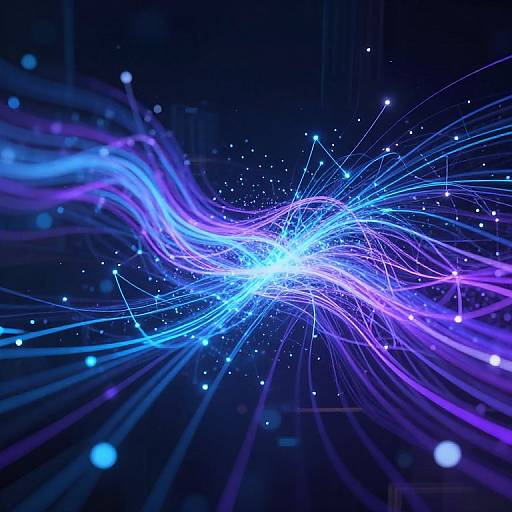 Digital art of vibrant, glowing blue and purple energy lines radiating from a bright center against a dark, starry background.