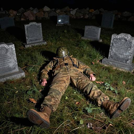 Nighttime Soldier Amidst Gravestones