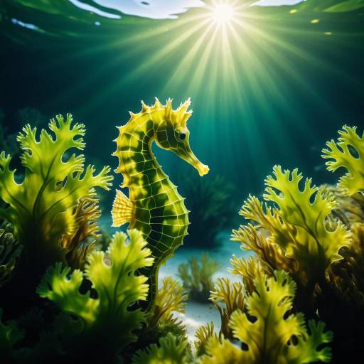 Seahorse Among Seaweed Under Sunlight