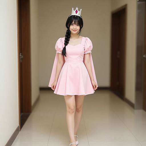 Photograph of an Asian woman with black braided hair, wearing a pink princess dress and silver crown, walking down a tiled hallway.