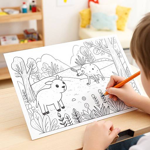 Photograph of a child drawing a black-and-white cartoon of a dog and trees with an orange pencil in a bright, cluttered classroom.