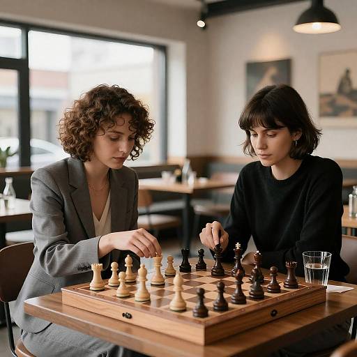 Two Women Play Chess in Modern Café