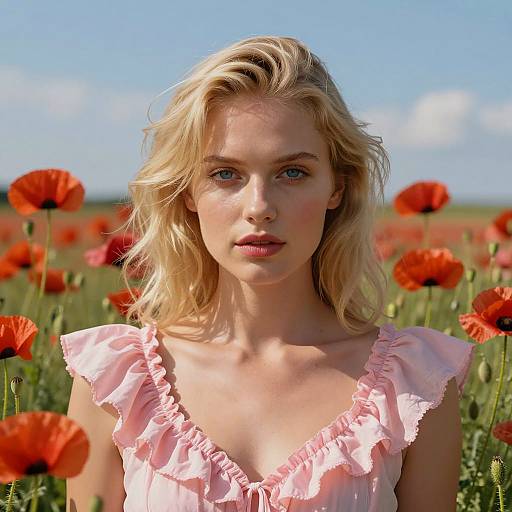 Blonde Woman in Pink Dress Among Red Poppies