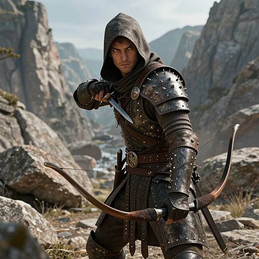 Photograph of a fierce, armored male archer with intense gaze, drawing a bow in a rugged, rocky mountain landscape.