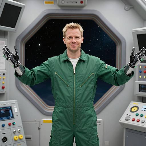Astronaut with Robotic Gloves in Spacecraft