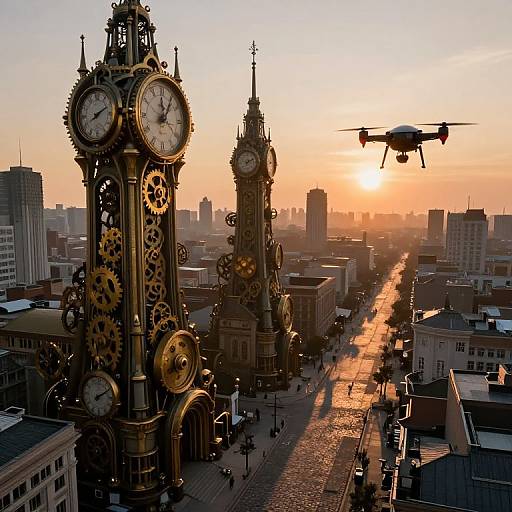 Photograph of a sunset over a city, featuring two ornate, clock-tower structures with gears, a drone flying, and a sunlit,