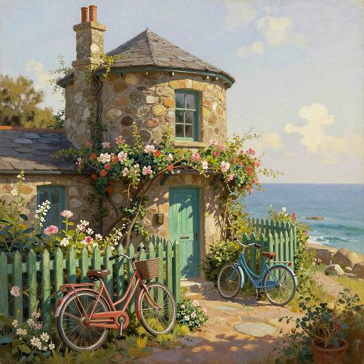 Charming stone cottage with blue doors and windows, surrounded by vibrant flowers, two bicycles, and a green picket fence, overlooking a sunny, blue
