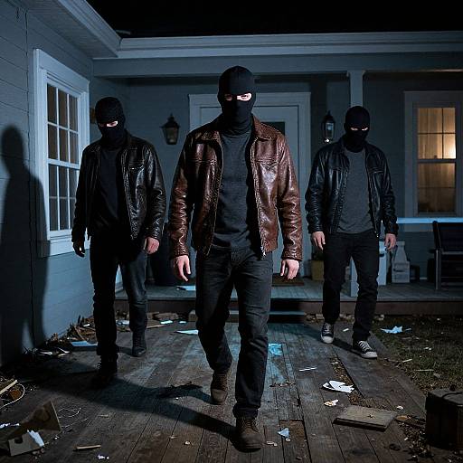Photograph of three masked men in black leather jackets and pants, walking on a dimly lit, cluttered wooden porch at night.