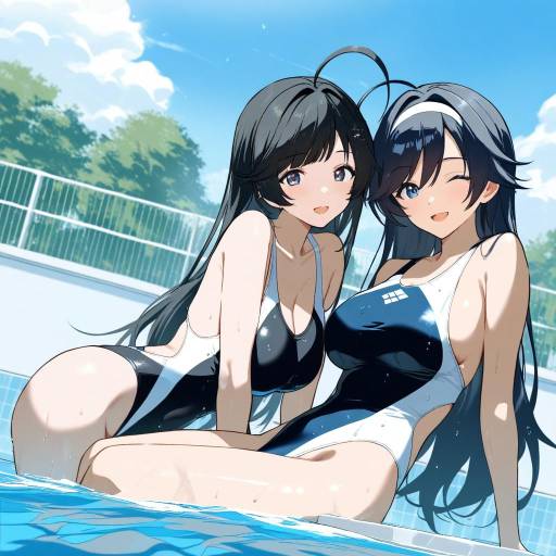 Two Girls in Swimsuits by the Pool