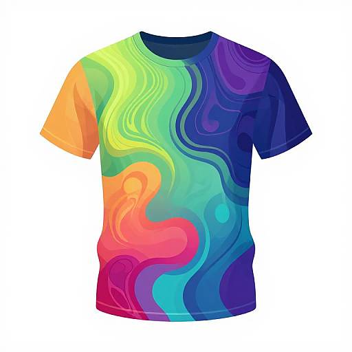 Vibrant digital illustration of a short-sleeve T-shirt with swirling, gradient waves in yellow, green, blue, purple, and pink.