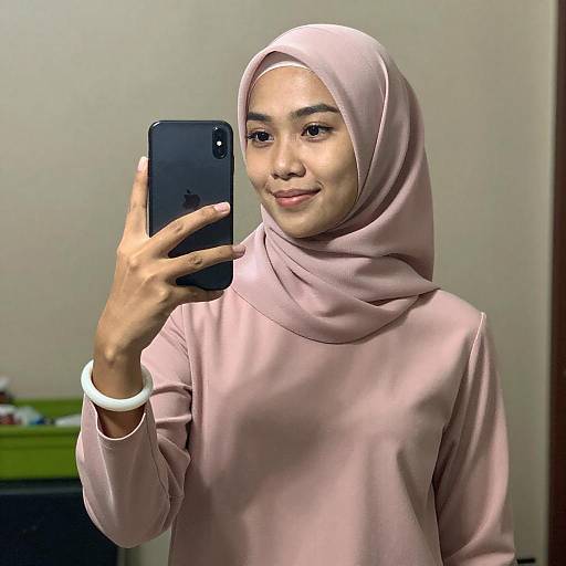 Asian Woman Pink Hijab Mirror Selfie