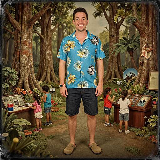Photograph of a smiling man in a blue floral shirt, dark shorts, and sandals, standing in a tropical forest exhibit with children and framed pictures in
