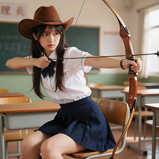 Girl in School Uniform Aiming with Bow in Classroom
