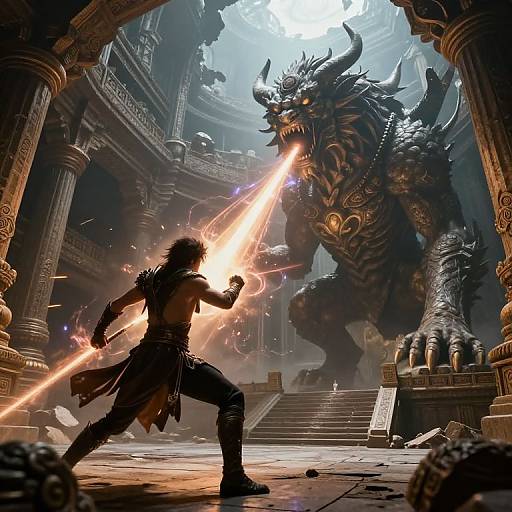 Digital art: Dark, muscular warrior with glowing sword fights massive, horned, dragon-like creature in ruins of ornate, ancient temple. Bright light