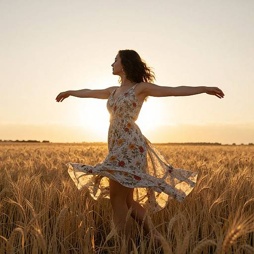 Photograph of a woman with curly hair in a floral dress, arms outstretched, dancing in a golden wheat field at sunset.