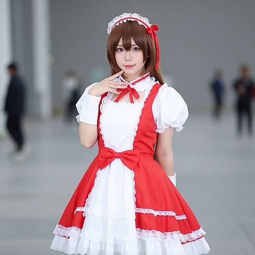 Photograph of a young Asian woman in a red and white frilled maid outfit, standing in a blurred, gray urban setting.