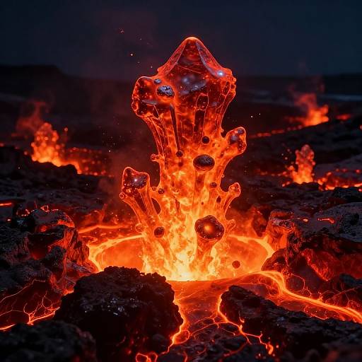 Photograph of a glowing, molten lava eruption with bright orange flames and red-hot, bubbly lava against a dark, volcanic background.