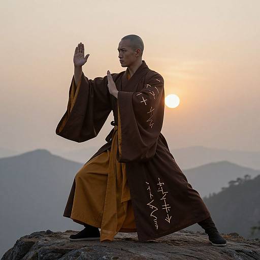 Photograph of a bald Buddhist monk in brown and yellow robes, performing a hand gesture at sunset on a rocky mountain peak.