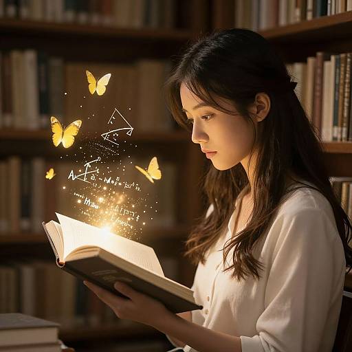 Photograph of a young Asian woman with long black hair, wearing a white blouse, reading an illuminated book surrounded by glowing yellow butterflies in a dimly