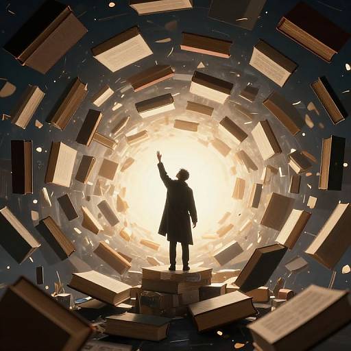 Silhouetted figure raises arm in a glowing, book-filled vortex. Books float around, illuminated by intense, central light. Digital art.