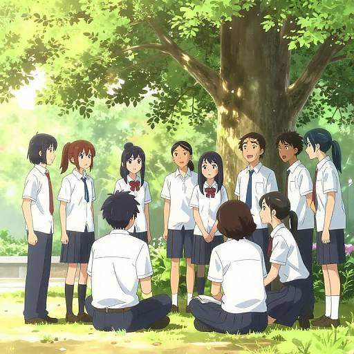 Anime-style digital illustration of a group of Japanese schoolchildren in white shirts and navy skirts, sitting and standing in a sunlit, leafy park.