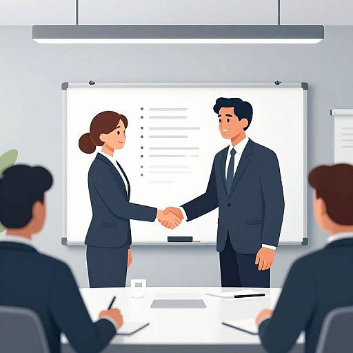 Digital illustration of a business meeting: A man and woman in black suits shake hands in front of a whiteboard, with two blurred individuals in the foreground