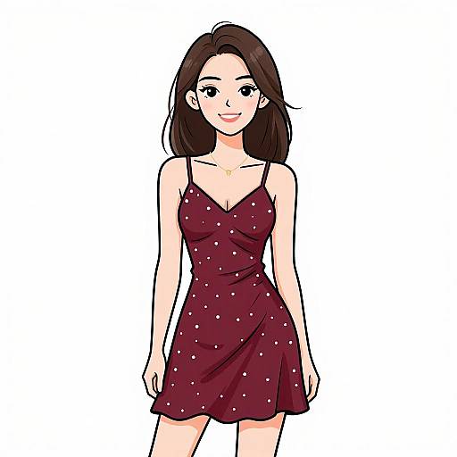 Digital anime-style drawing of a smiling young woman with fair skin and dark brown hair, wearing a maroon, sleeveless, polka-dotted dress