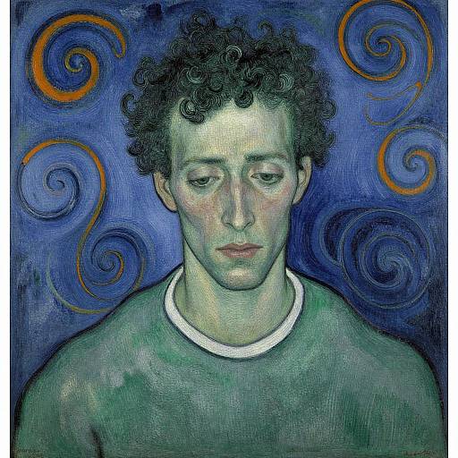 Expressionist painting of a melancholic young man with curly black hair, pale skin, and green shirt, set against swirling blue and orange background.