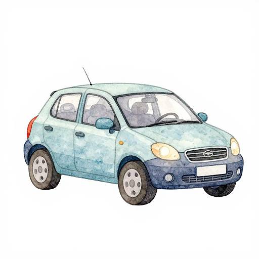 Watercolor-style digital drawing of a light blue compact car with white wheels, front headlights on, and a visible license plate.