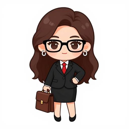 Chibi-style digital drawing of a confident woman with long brown hair, black glasses, black suit, red tie, holding a brown briefcase.