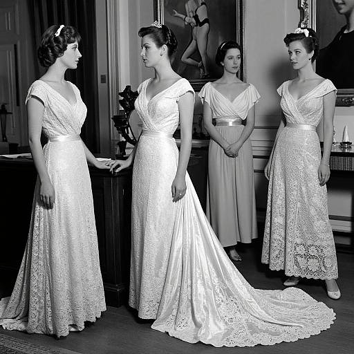Black-and-white photograph of four elegant women in vintage lace wedding dresses, standing in a luxurious, classical room with ornate paintings.