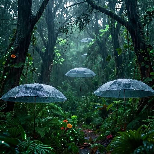 Photograph of a rain-soaked forest with three transparent umbrellas, green foliage, orange flowers, and tall, dark trees in the background.