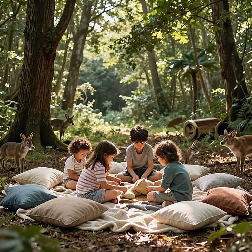 Kids Building Blanket Fort in Forest