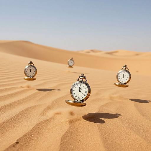 Photograph of four vintage pocket watches with gold rims, scattered on sunlit, rippled sand dunes under a clear blue sky.