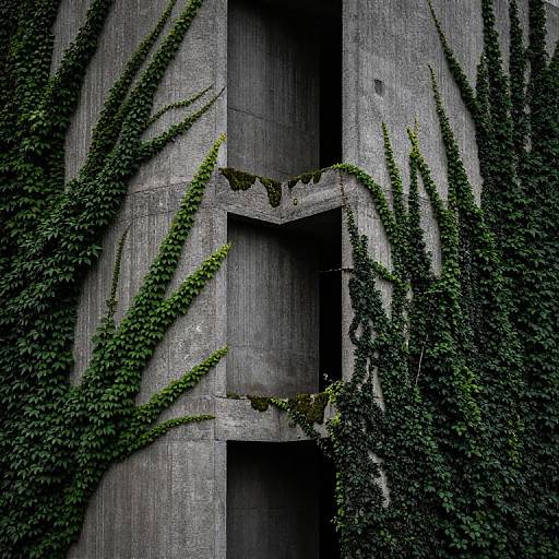 Photograph of a gray concrete wall with vertical and diagonal ivy vines, creating a natural, contrasting pattern against the industrial texture.