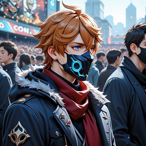 Digital artwork of a handsome, red-haired anime boy with blue eyes, wearing a black mask, fur-trimmed jacket, and red scarf, amidst
