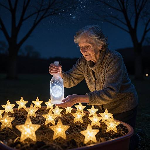 Elderly woman with short gray hair, wearing a brown sweater, lights glowing star-shaped lanterns in a dark, starry night garden. Photograph