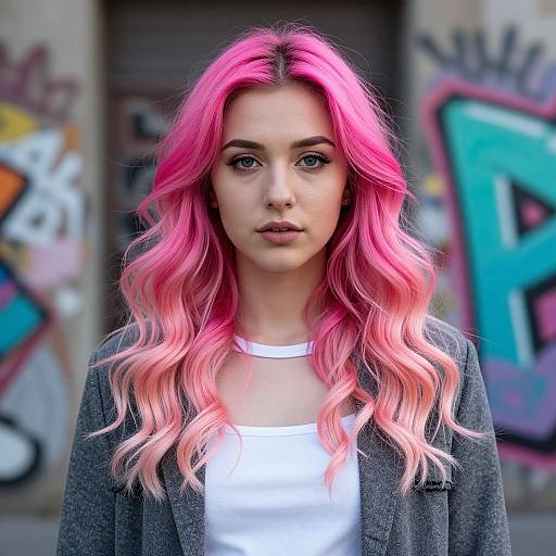 Photograph of a young woman with long, vibrant pink and white ombre hair, wearing a gray cardigan and white top, standing in front