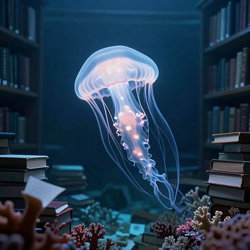 Ethereal Jellyfish Above Submerged Library