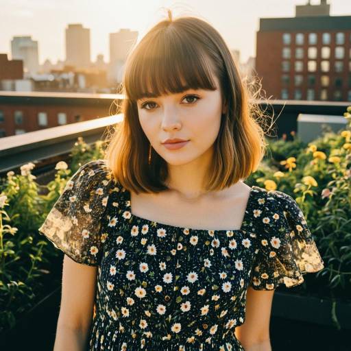 Young Woman with Baby Bangs in Floral Dress on Rooftop Garden