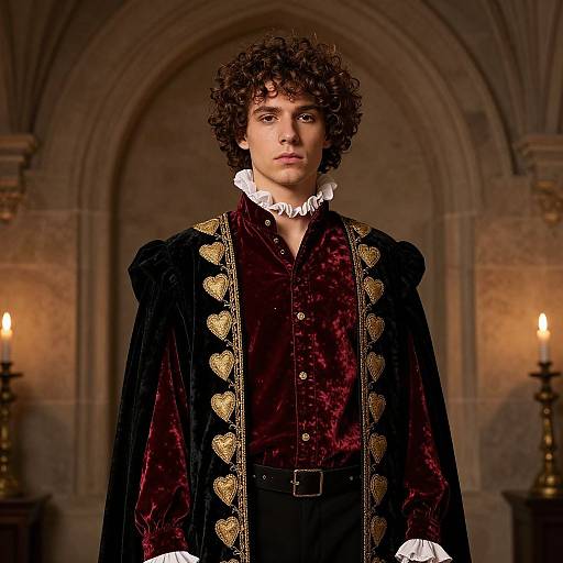 Photograph of a young man with curly brown hair, wearing a black velvet robe with gold heart trim, white ruffled collar, and burgundy shirt