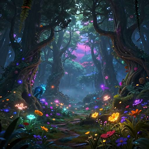 Enchanting digital painting of a mystical forest with glowing, multicolored bioluminescent flowers and fireflies, illuminated by ethereal blue and