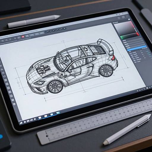 Photograph of a tablet displaying a digital sketch of a car with detailed line work, surrounded by design tools and a white pencil on a dark workspace.