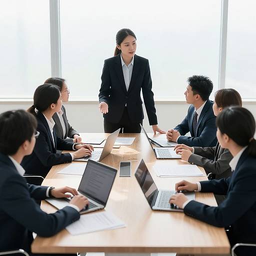 Photograph of a business meeting: Asian woman in black suit stands, speaking to six Asian men in suits, laptops on wooden table, bright office window