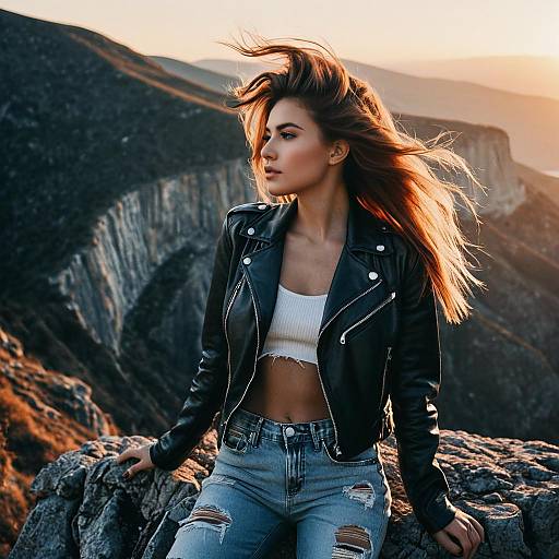 Fashion Model with Windswept Hair on Mountain Cliff