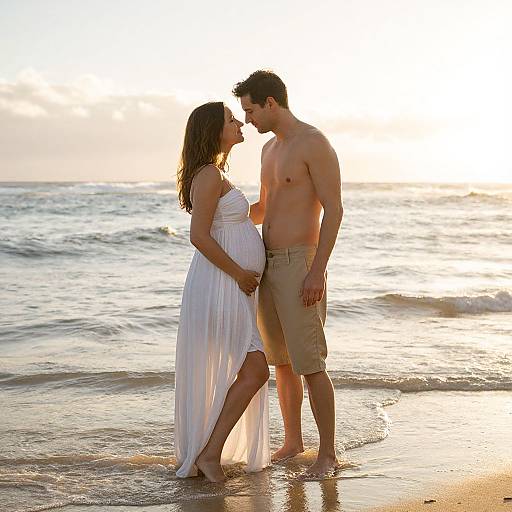 Pregnant couple kisses at sunset on beach, she in white dress, he shirtless in khaki shorts, waves gently behind them.