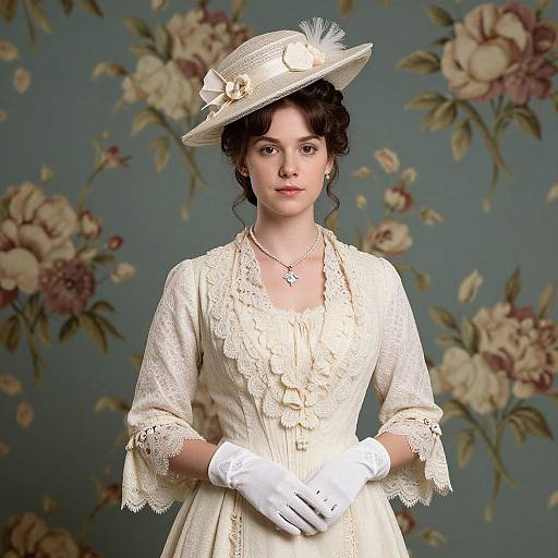 Vintage photograph of a fair-skinned woman with dark curly hair, wearing an elegant white lace dress, white gloves, and a white hat with a feather