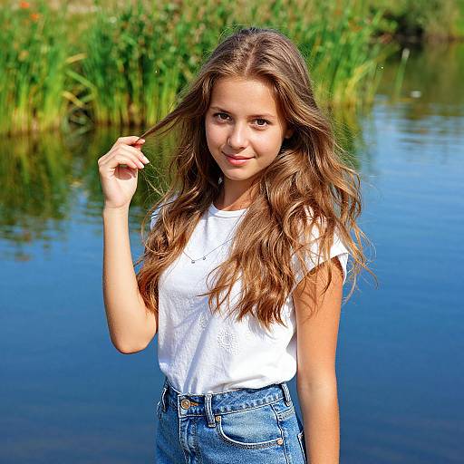 Photograph of a young girl with long brown wavy hair, wearing a white shirt and blue jeans, standing by a serene lake with green reeds