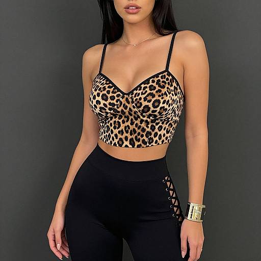 Photograph of a slim, light-skinned woman with long black hair, wearing a leopard print crop top, black high-waisted pants, and